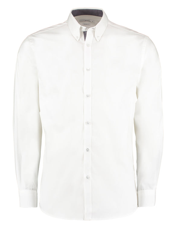 Kustom Kit Tailored Fit Long Sleeve Premium Contrast Oxford Button Down Collar Shirt KK190